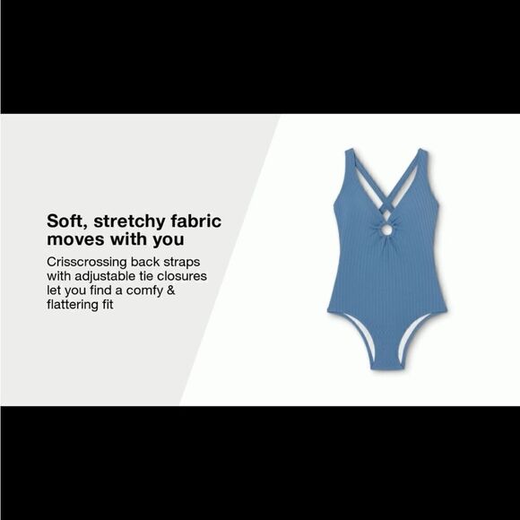 Kona Sol Blue Textured Stripe Ring Front Tie Back One Piece Bathing Suit - Picture 5 of 16